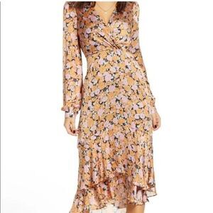 WAYF Celeste Ruffle Midi Dress Pink/Gold Floral
Print Women’s Size XL